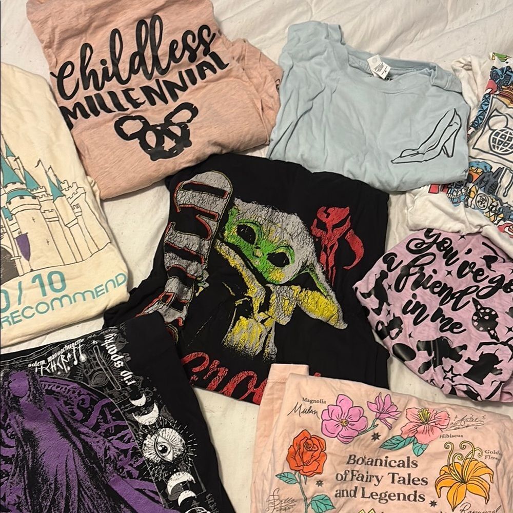 8 Disney Assorted Graphic T-Shirts harkness Grogu Toy Story Princess Cinderella